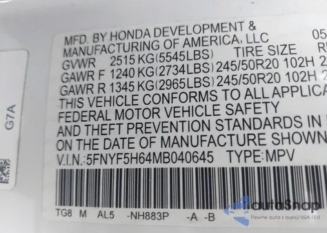 2021 Honda Pilot 2Wd Touring 7 Passenger из США, поврежденный, VIN 5FNYF5H64MB040645